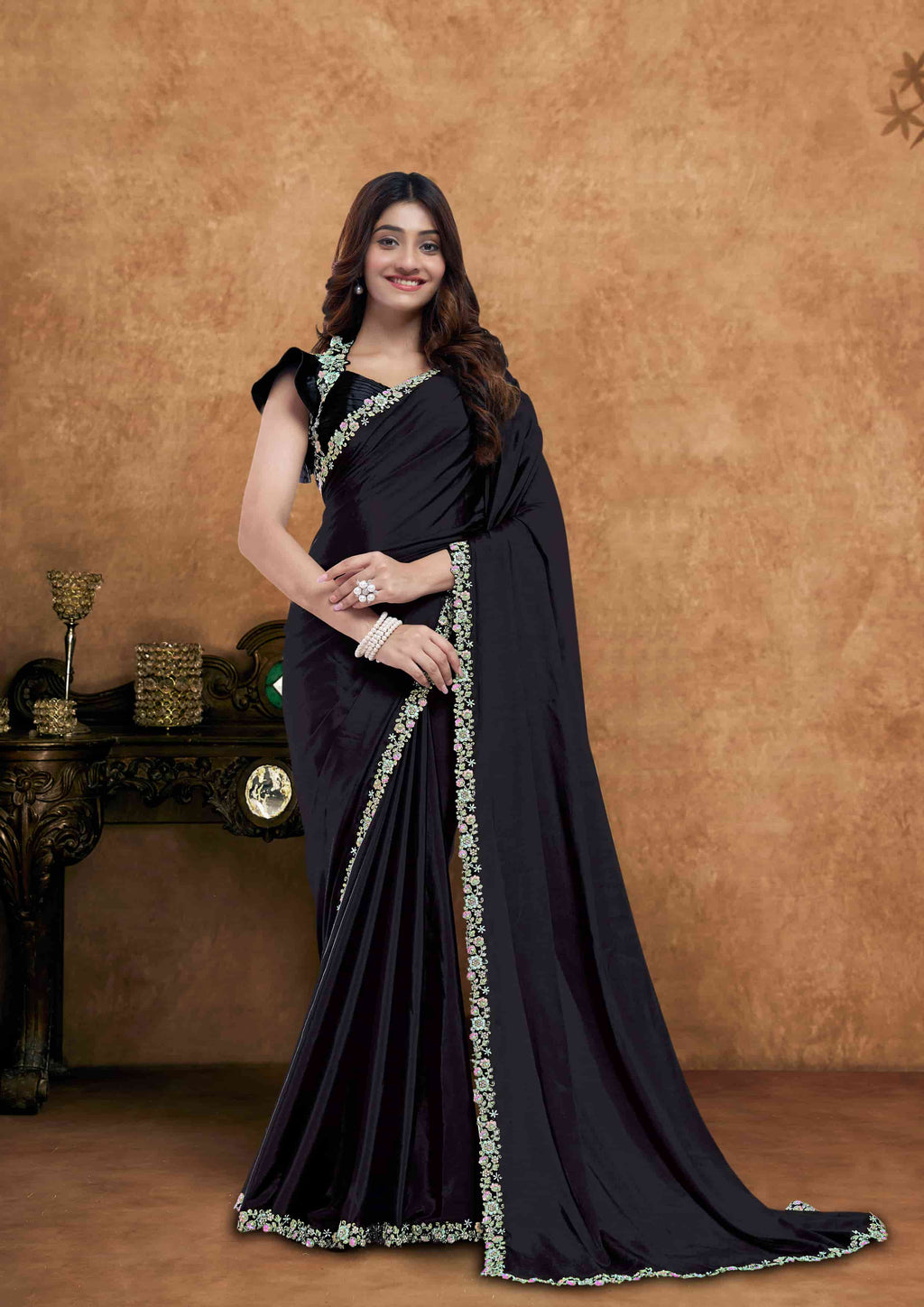 Wine Crepe Silk Party Wear Saree with Diamond Handwork