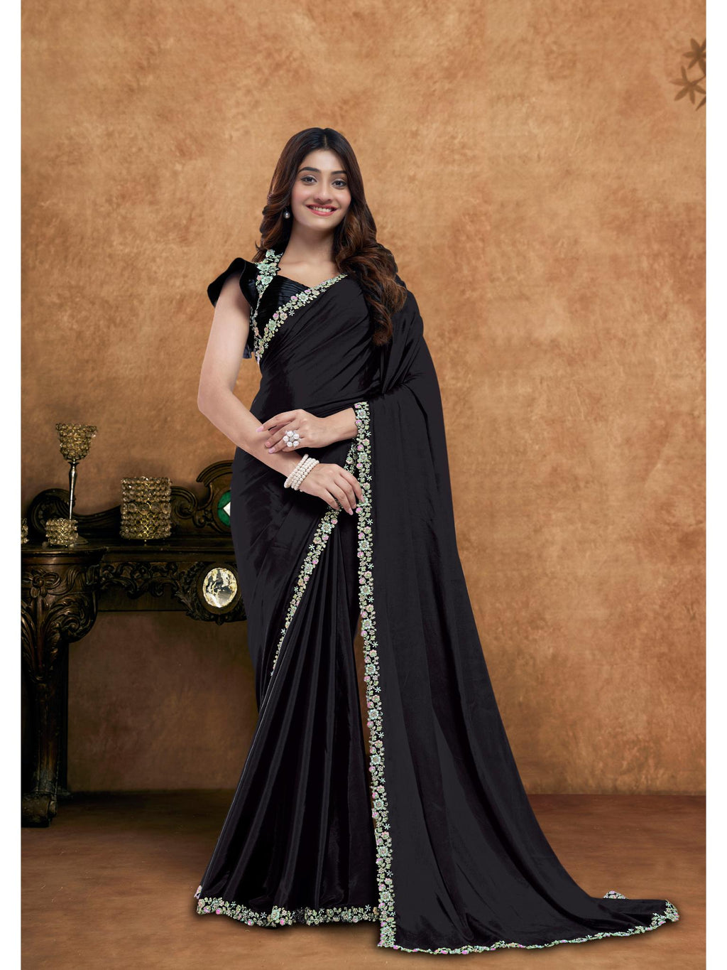 Black Pure Crepe Silk Diamond Handwork Saree