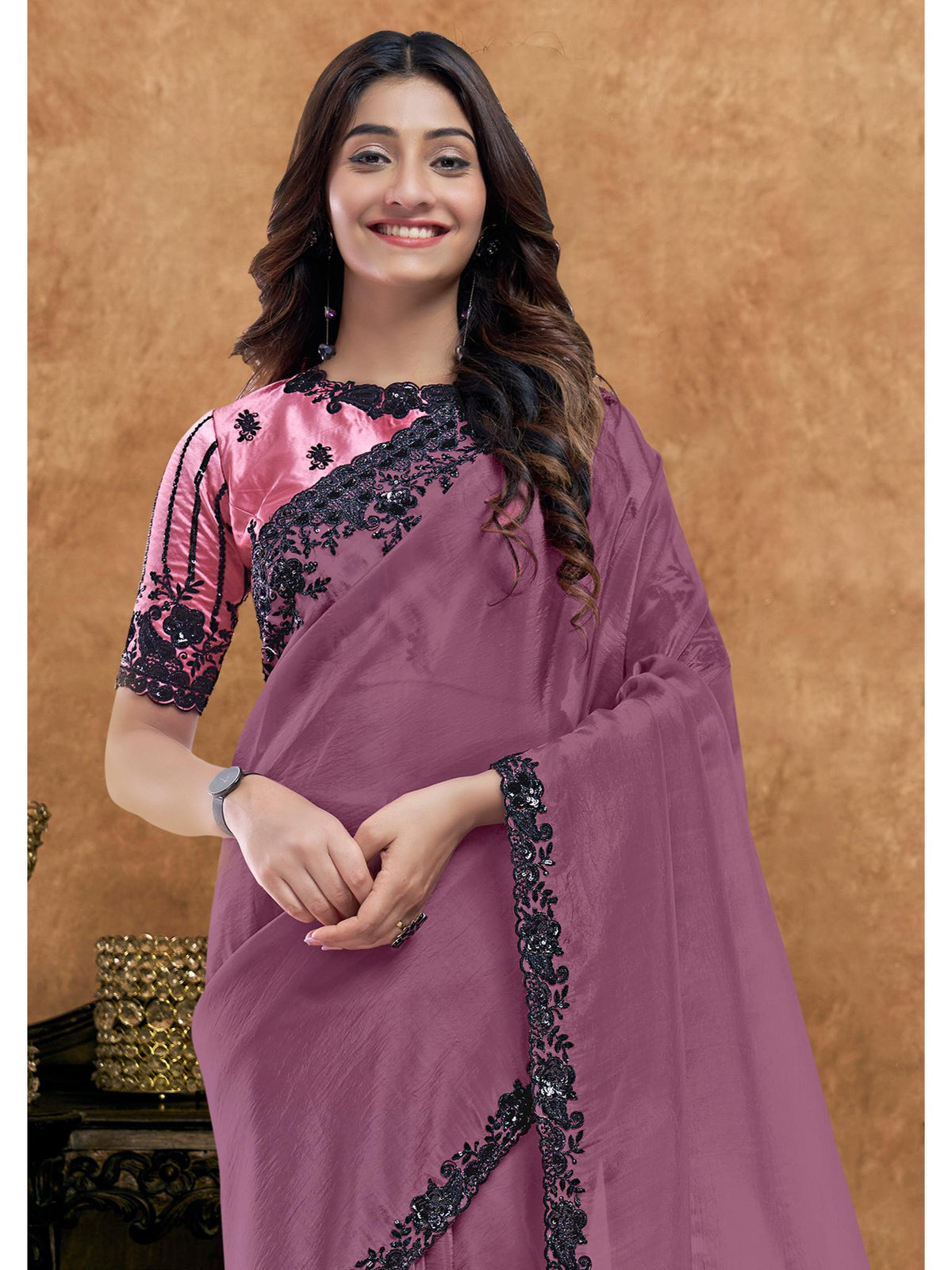 Mauve Crush Pure Silk Sequin Handwork Saree