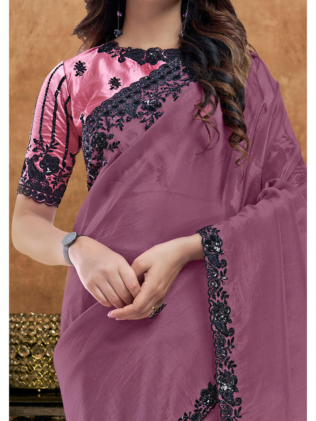 Mauve Crush Pure Silk Sequin Handwork Saree