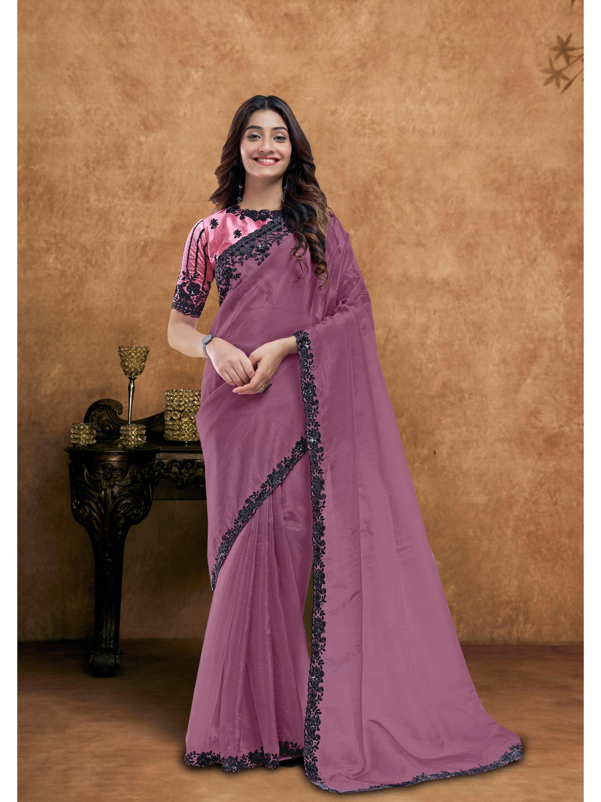 Mauve Crush Pure Silk Sequin Handwork Saree