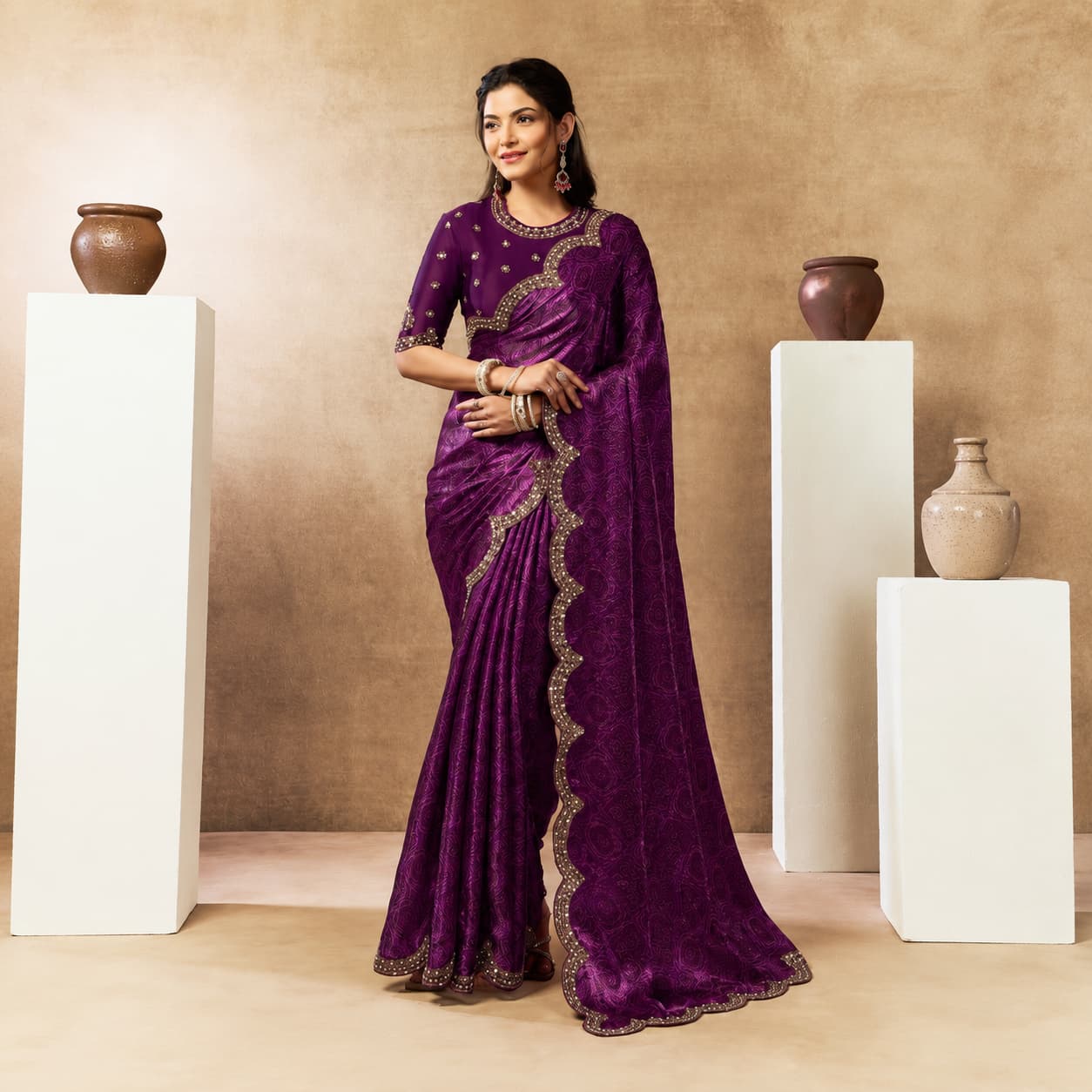 Royal Purple Two Tone Satin Silk Bandhani Digital Print Party Wear Saree with Dual Sequin Embroidery with Pearl Handwork