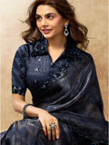 Navy Blue Two Tone Satin Silk Sequin Embroidered Saree