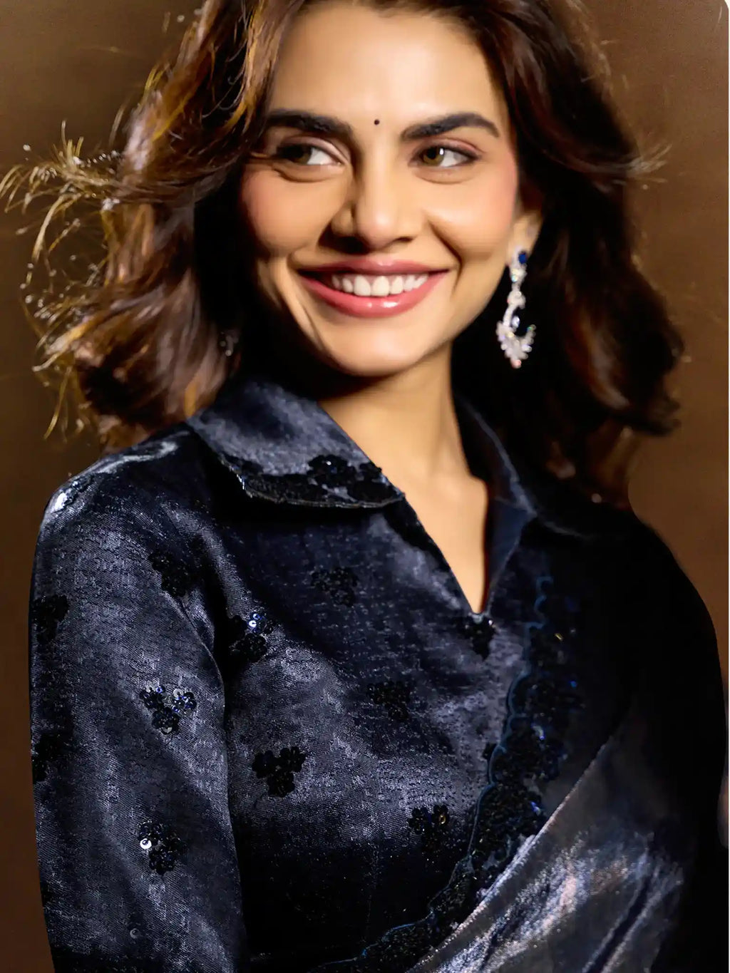 Navy Blue Two Tone Satin Silk Sequin Embroidered Saree - View 2