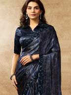 Navy Blue Two Tone Satin Silk Sequin Embroidered Saree - View 3