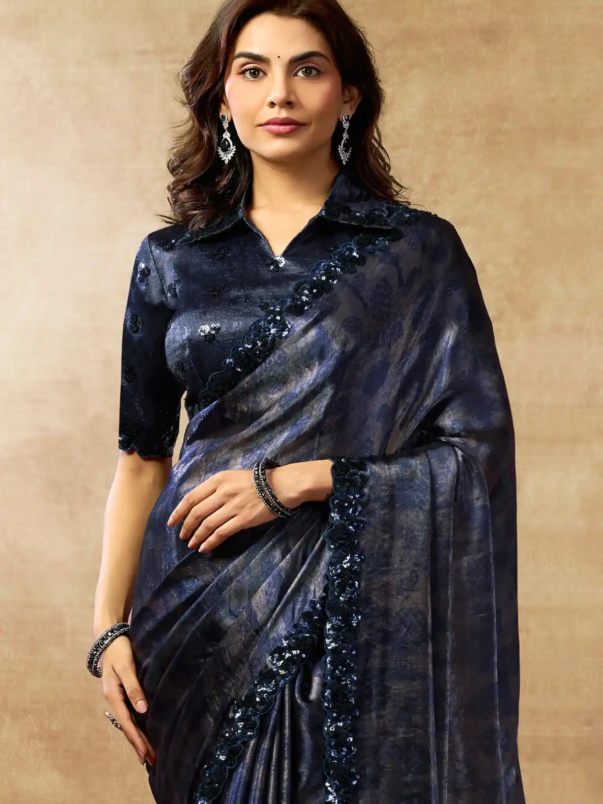 Navy Blue Two Tone Satin Silk Sequin Embroidered Saree - View 3