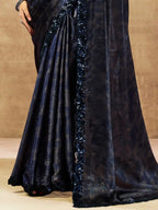 Navy Blue Two Tone Satin Silk Sequin Embroidered Saree - View 5