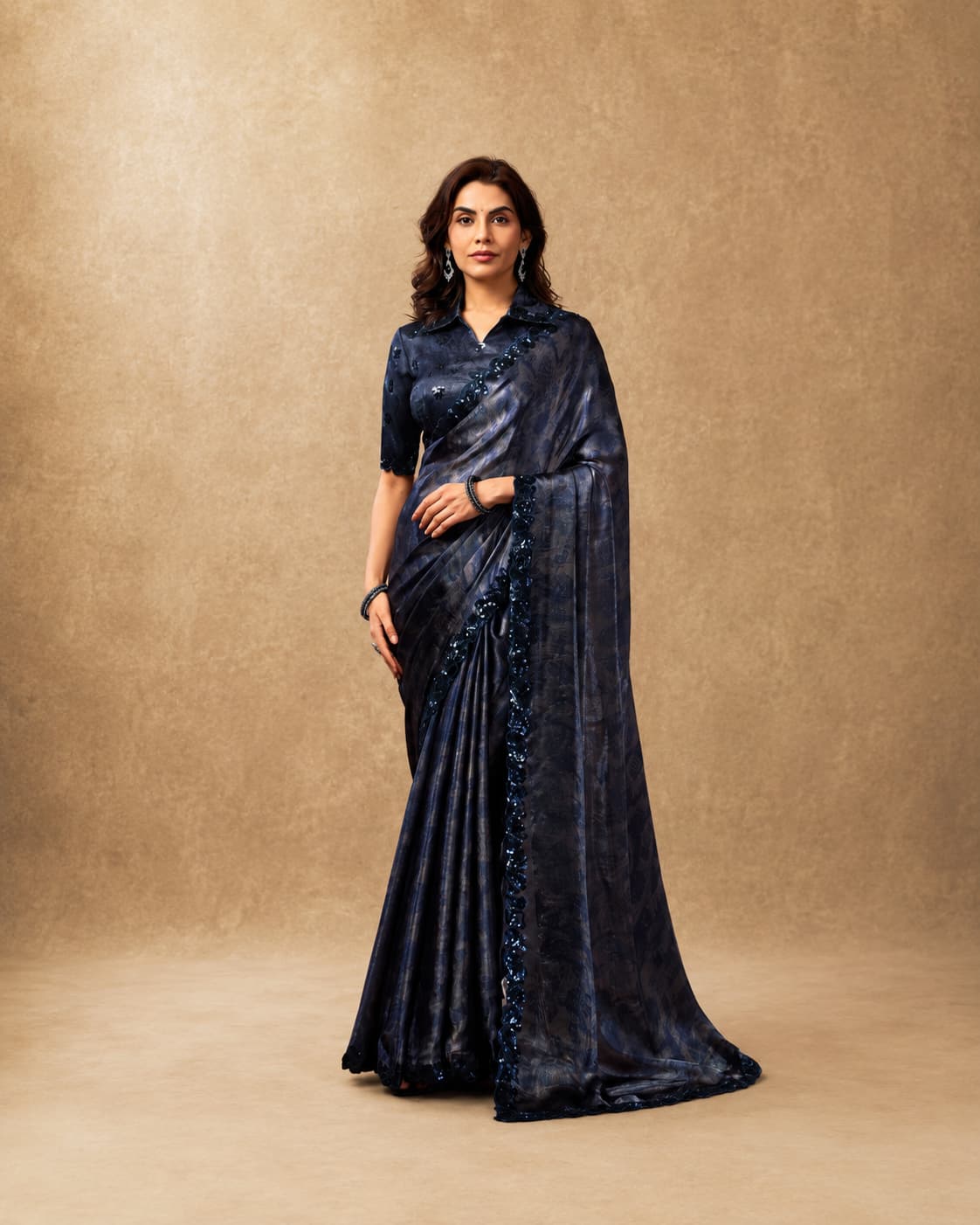 Dark Blue Two Tone Satin Silk Saree with Abstract Digital Print & Dual Sequins Embroidery | Premium Designer Saree | Naksh Creation