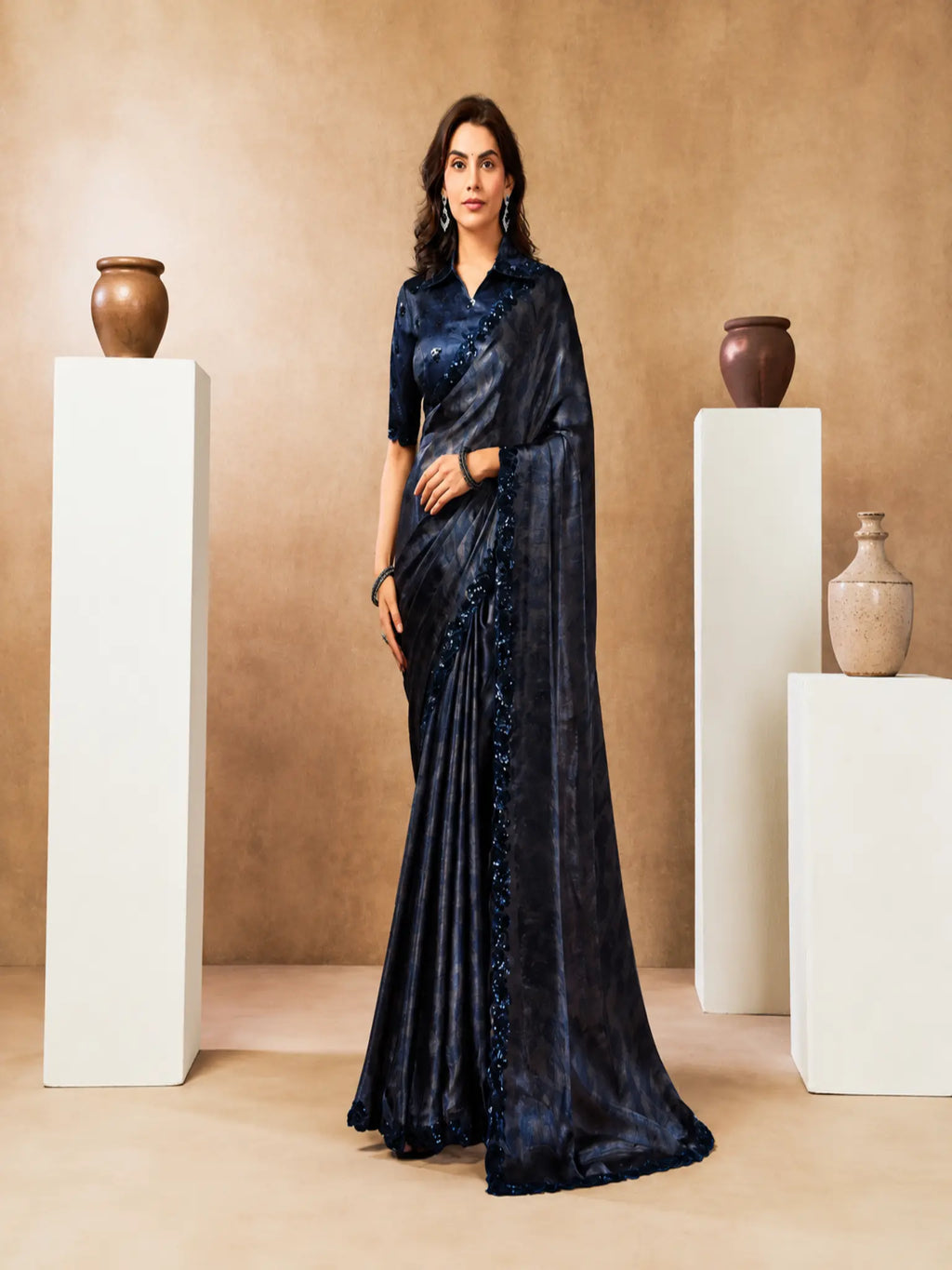 Navy Blue Two Tone Satin Silk Sequin Embroidered Saree