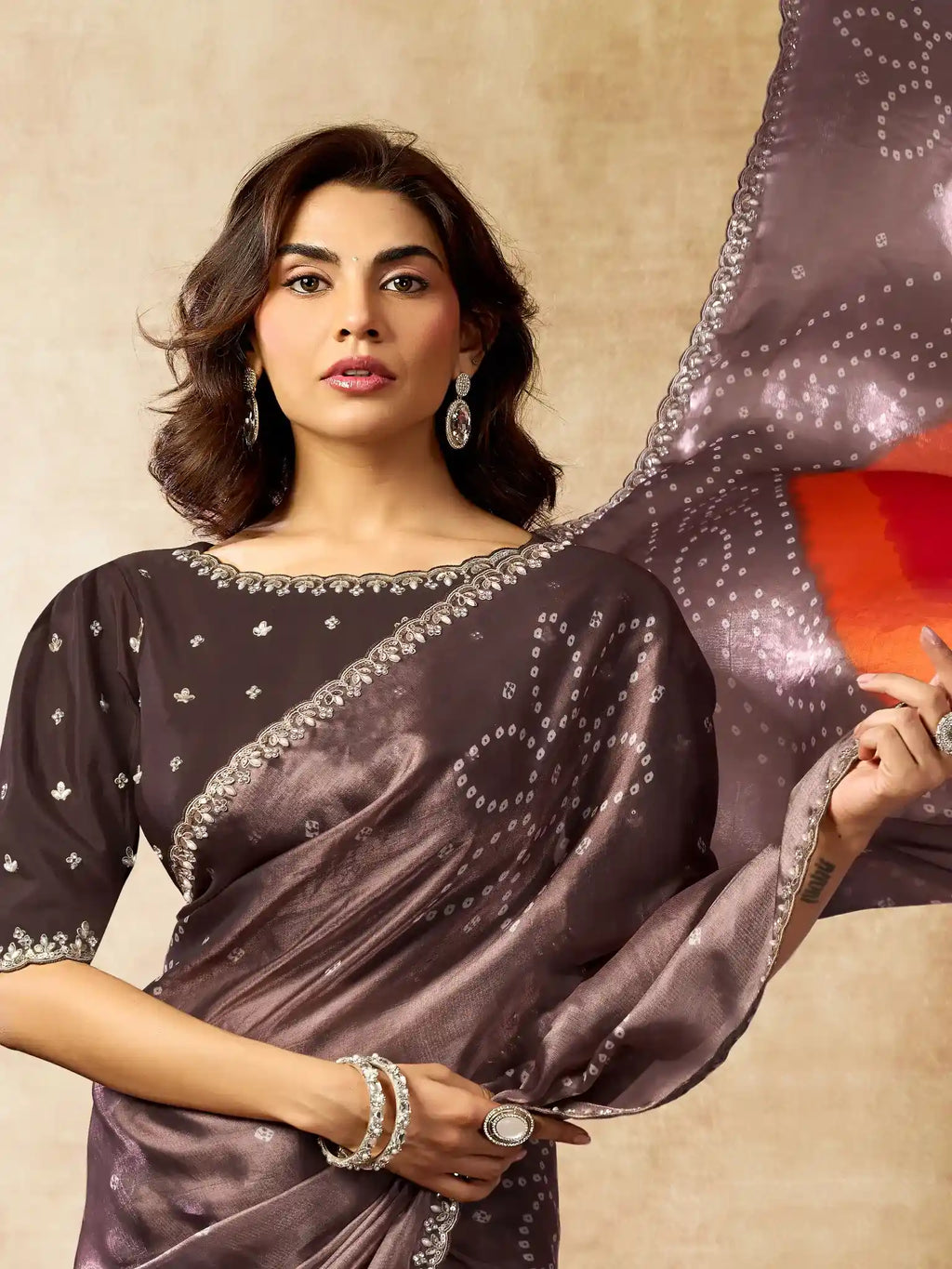 Dark Mauve Two Tone Satin Silk Sequin Embroidered Saree - View 1