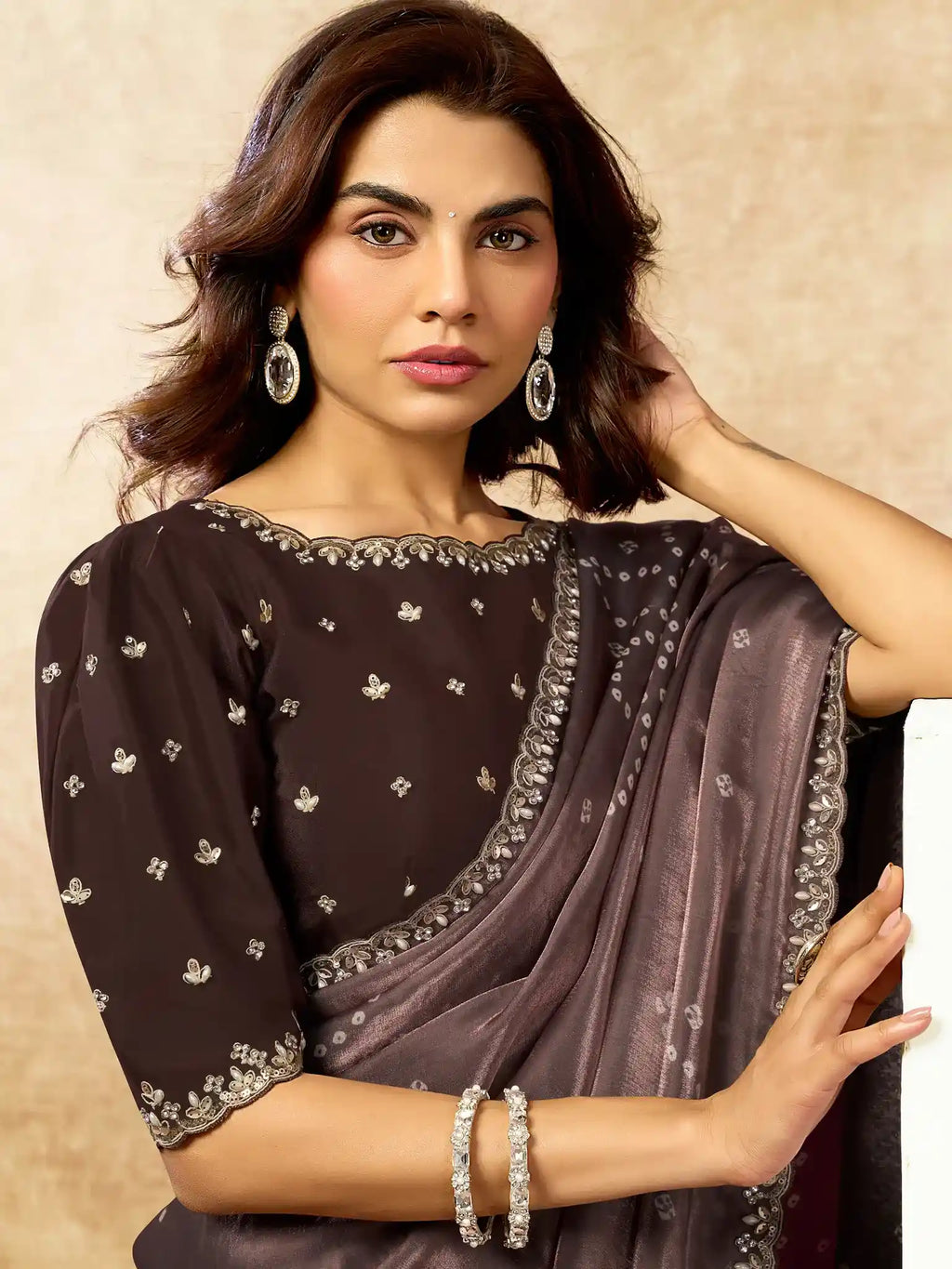 Dark Mauve Two Tone Satin Silk Sequin Embroidered Saree - View 2