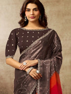 Dark Mauve Two Tone Satin Silk Sequin Embroidered Saree - View 3