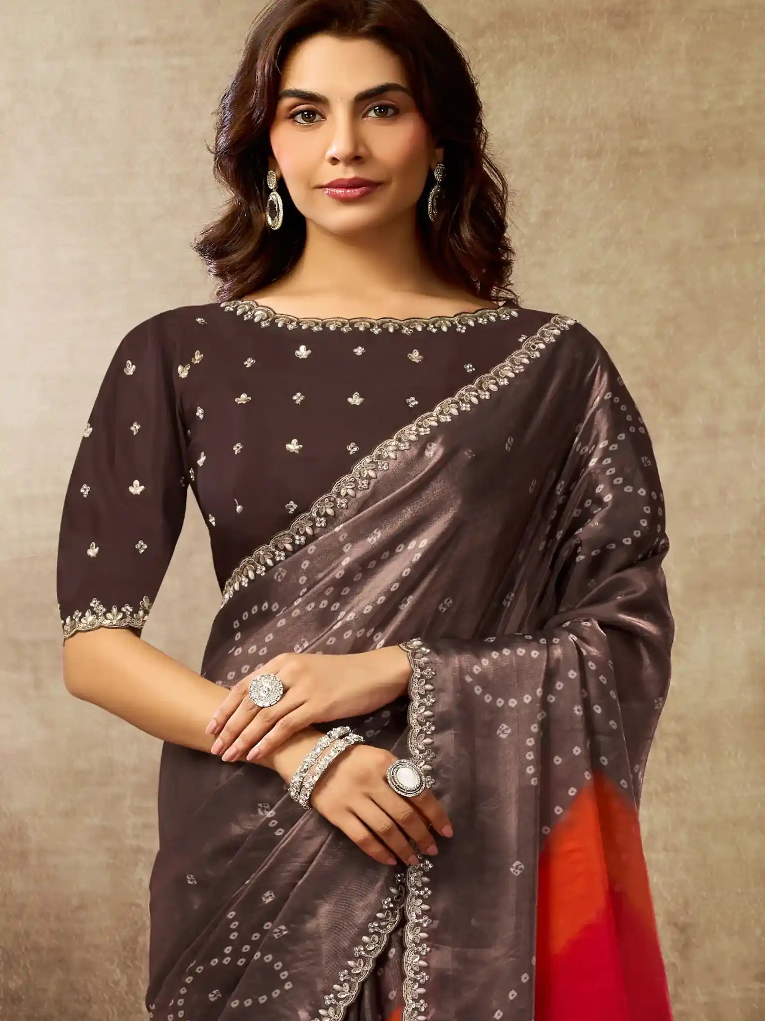 Dark Mauve Two Tone Satin Silk Sequin Embroidered Saree - View 3