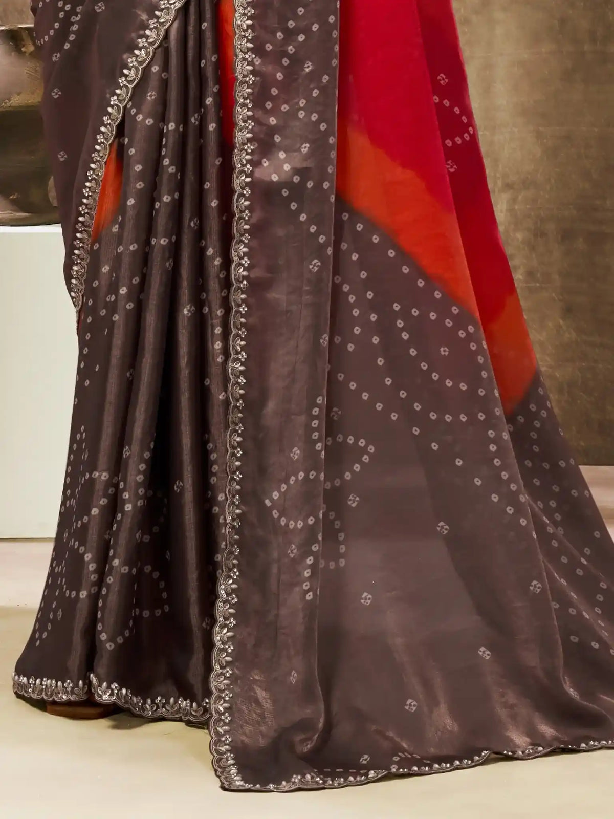Dark Mauve Two Tone Satin Silk Sequin Embroidered Saree - View 4