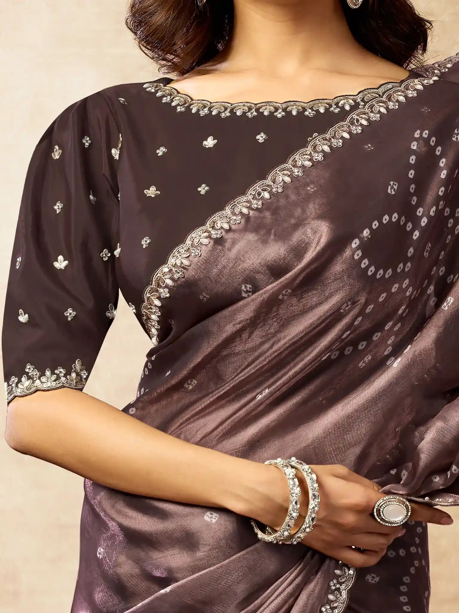 Dark Mauve Two Tone Satin Silk Sequin Embroidered Saree - View 5