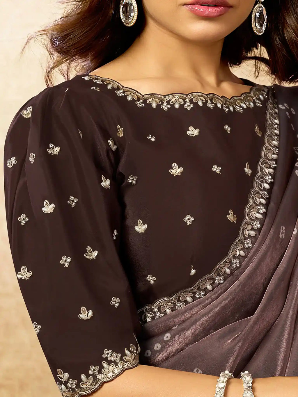 Dark Mauve Two Tone Satin Silk Sequin Embroidered Saree - View 6