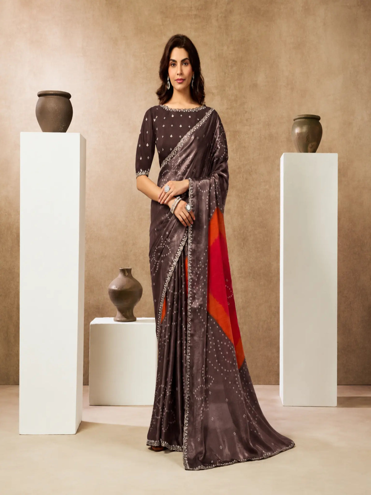 Dark Mauve Two Tone Satin Silk Sequin Embroidered Saree