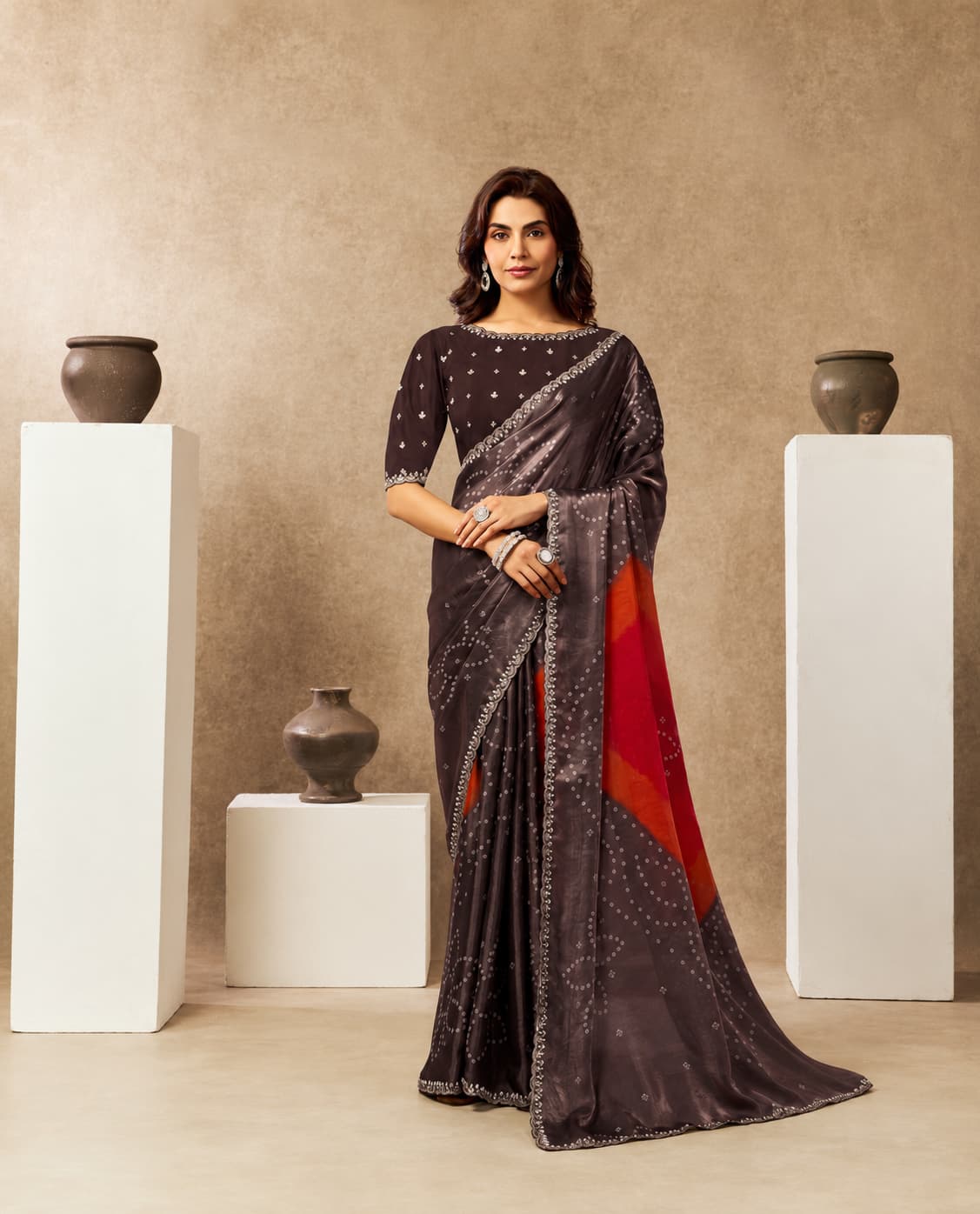 Coffee Two Tone Satin Silk Saree with Bandhani Digital Print, Pearl & Stone Handwork | Premium Designer Saree | Naksh Creation