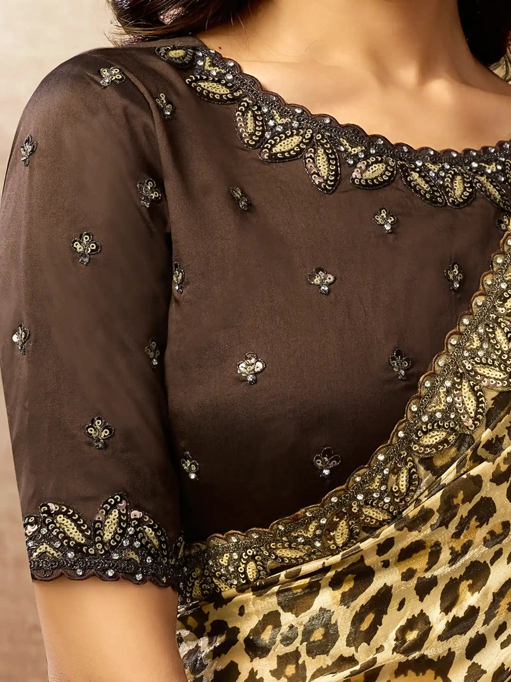 Brown Two Tone Satin Silk Sequin Embroidered Saree - View 6