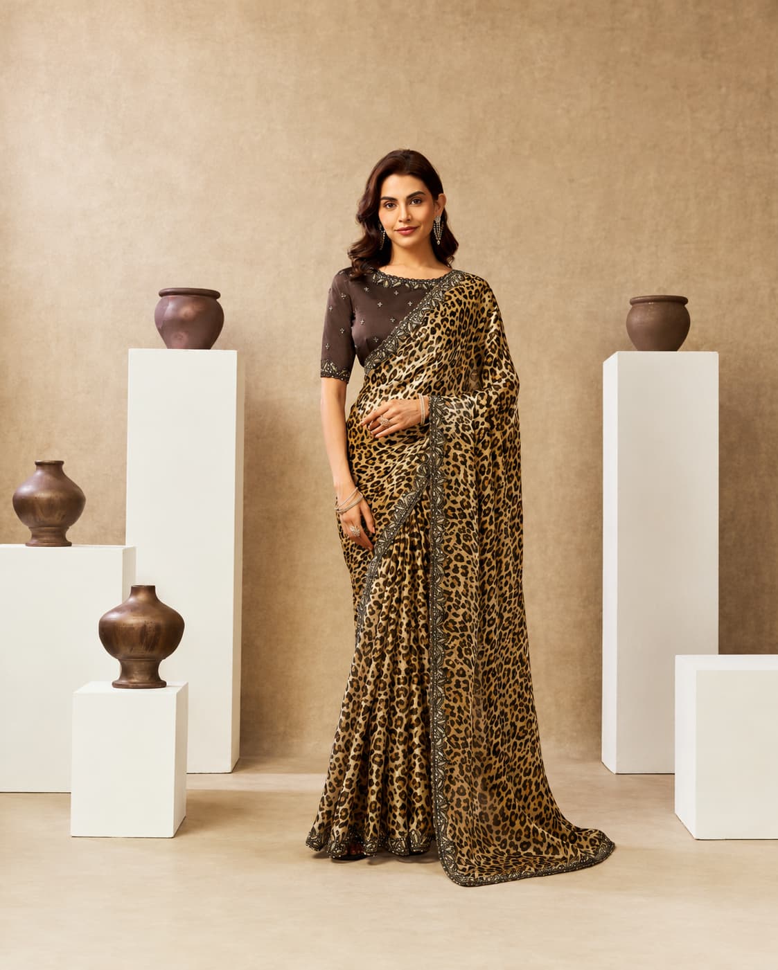 Cream Two Tone Satin Silk Saree with Leopard Digital Print & Stone Embroidery Work | Premium Designer Saree | Naksh Creation