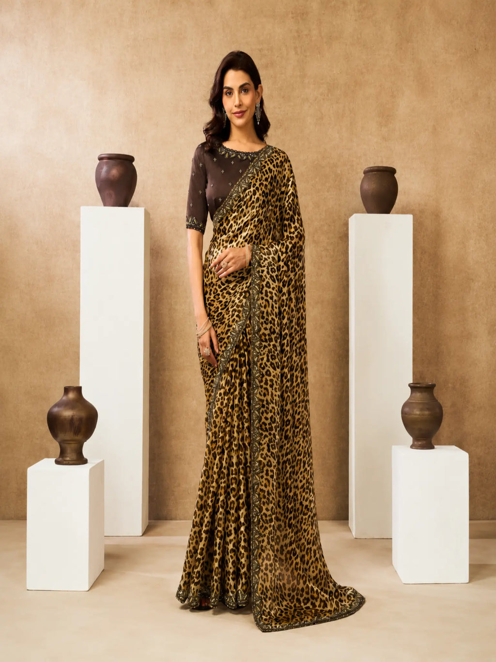 Brown Two Tone Satin Silk Sequin Embroidered Saree