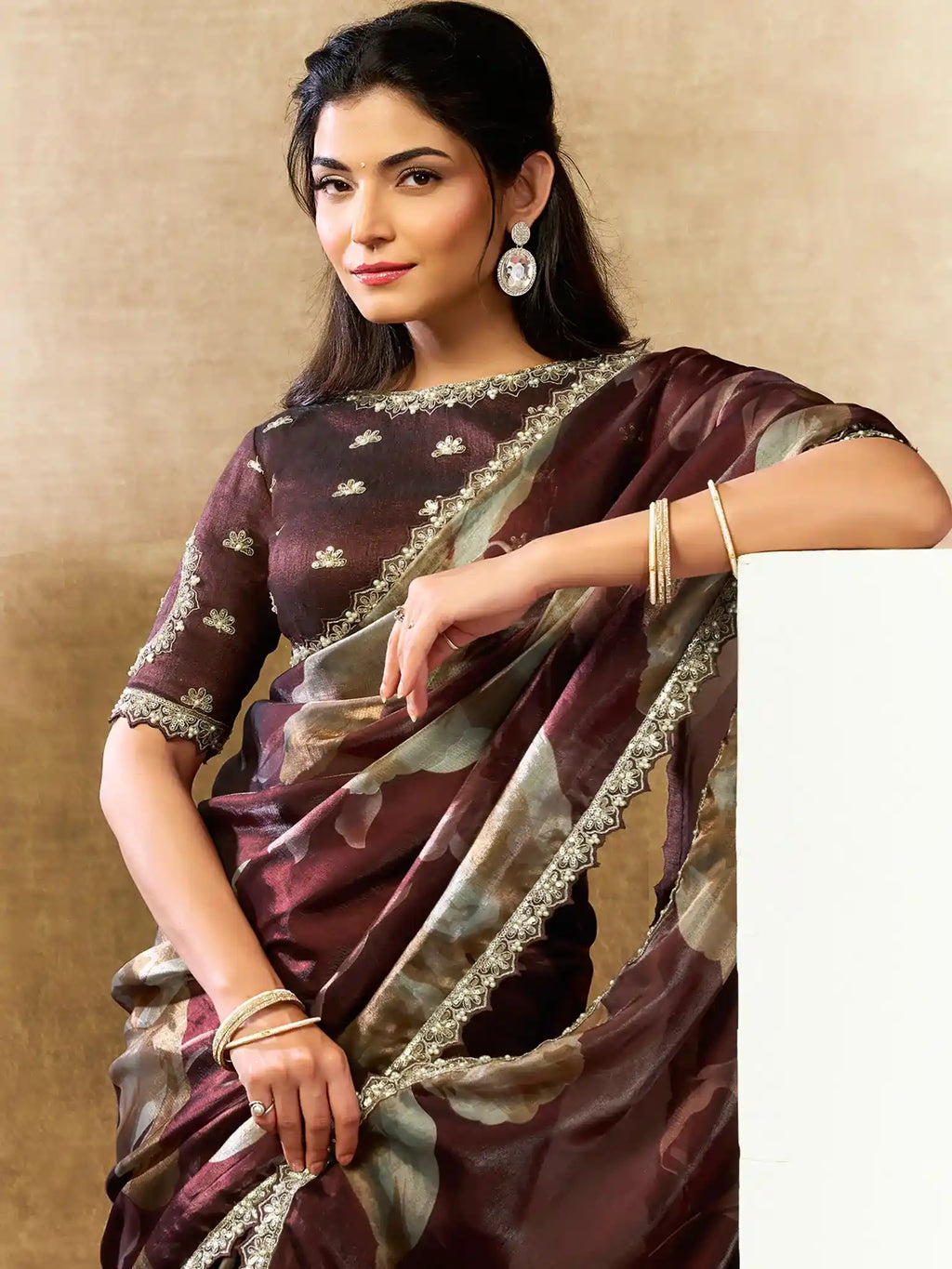 Coffee Brown Two Tone Satin Silk Sequin Embroidered Saree - View 1