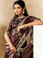 Coffee Brown Two Tone Satin Silk Sequin Embroidered Saree - View 1