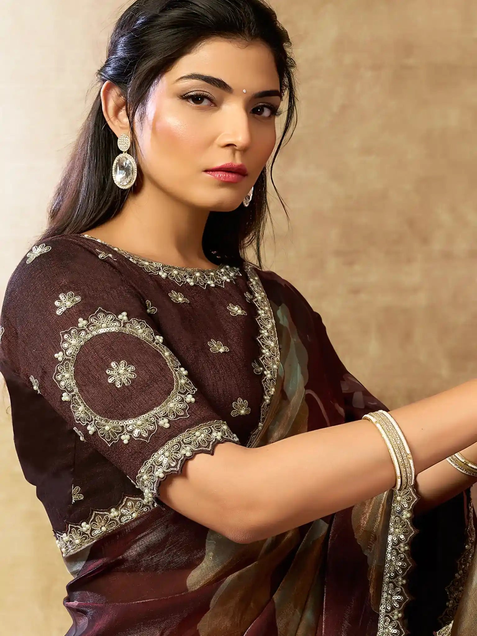 Coffee Brown Two Tone Satin Silk Sequin Embroidered Saree - View 2