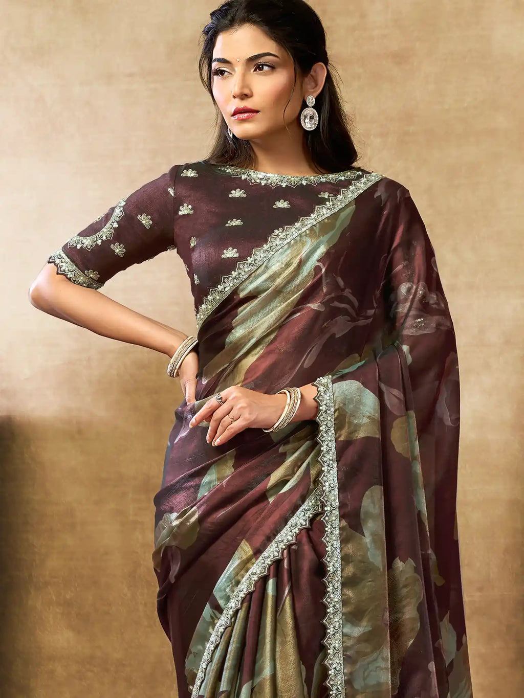 Coffee Brown Two Tone Satin Silk Sequin Embroidered Saree - View 3
