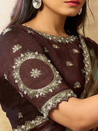 Coffee Brown Two Tone Satin Silk Sequin Embroidered Saree - View 4