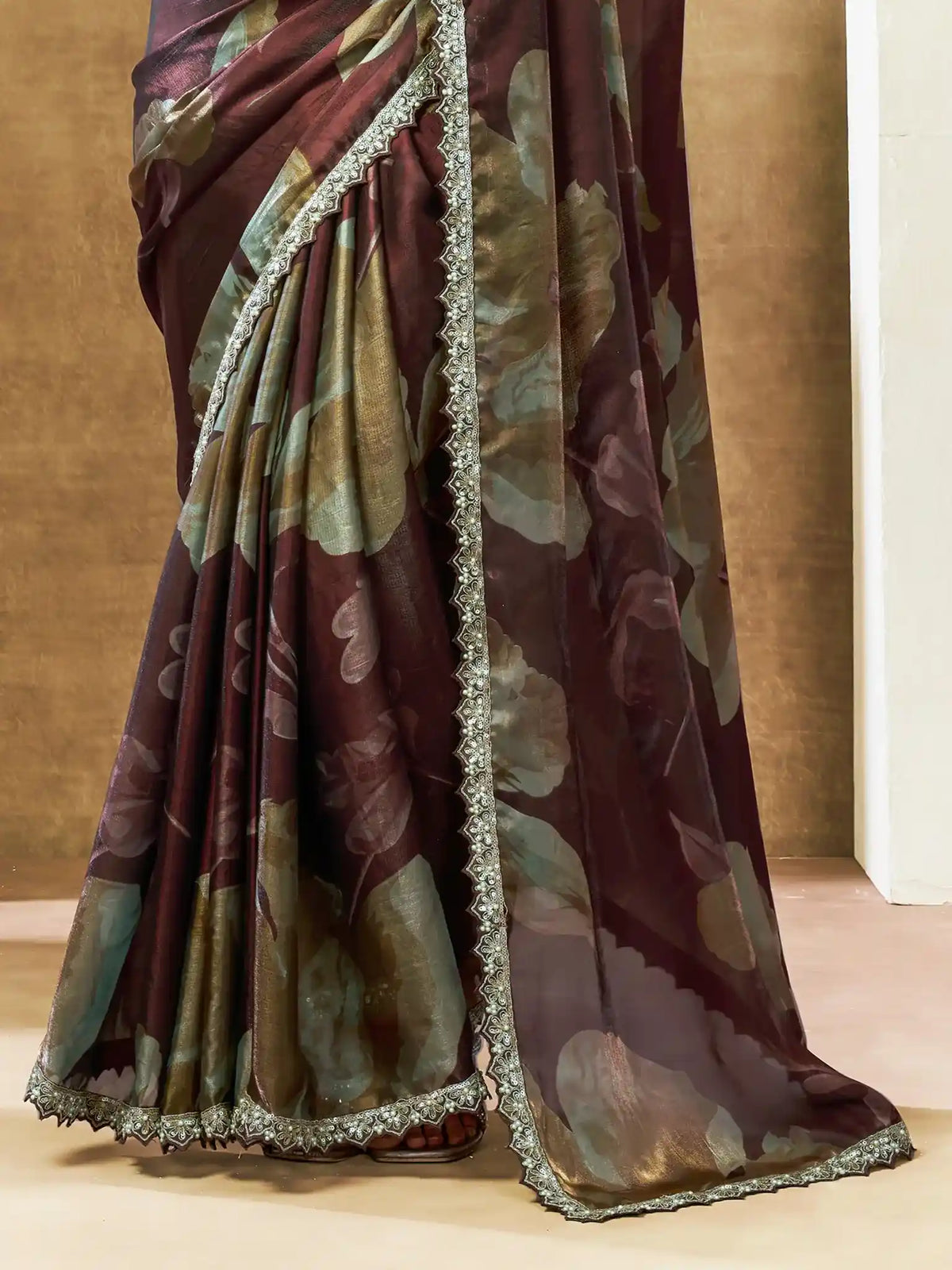 Coffee Brown Two Tone Satin Silk Sequin Embroidered Saree - View 5
