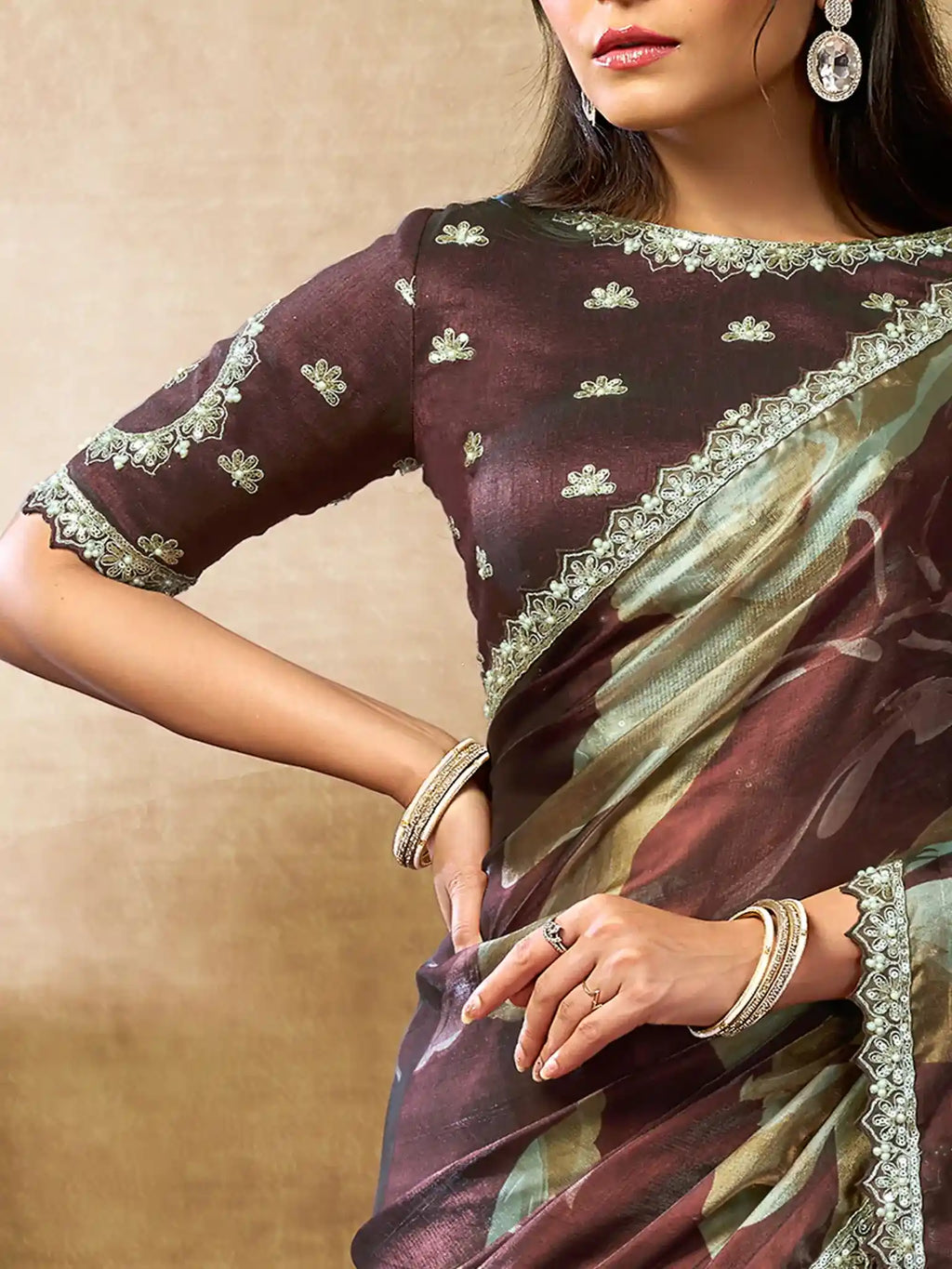 Coffee Brown Two Tone Satin Silk Sequin Embroidered Saree - View 6