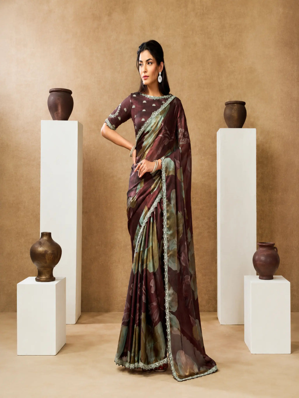 Coffee Brown Two Tone Satin Silk Sequin Embroidered Saree