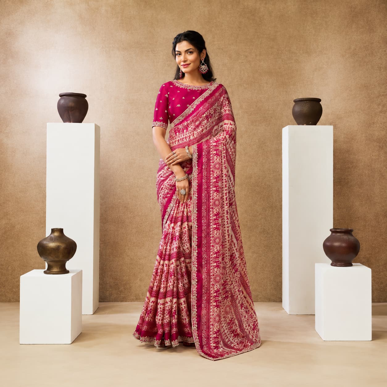 Rani Pink Two Tone Satin Silk Warli Digital Print Party Wear Saree with Multi Thread Sequin Embroidery with Pearl and Stone Work