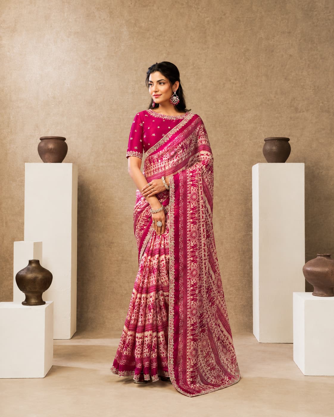 Rani Two Tone Satin Silk Saree with Warli Digital Print & Multi Thread Sequins Work | Premium Designer Saree | Naksh Creation