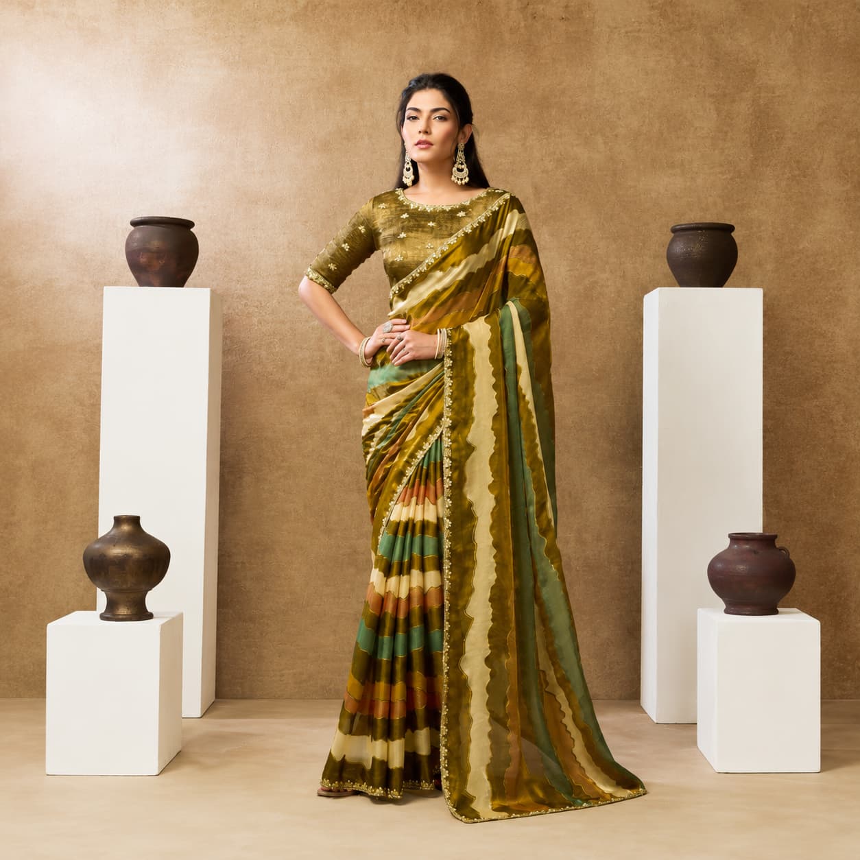 Olive Green Two Tone Satin Silk Leheriya Digital Print Party Wear Saree with Stone Handwork Embroidery