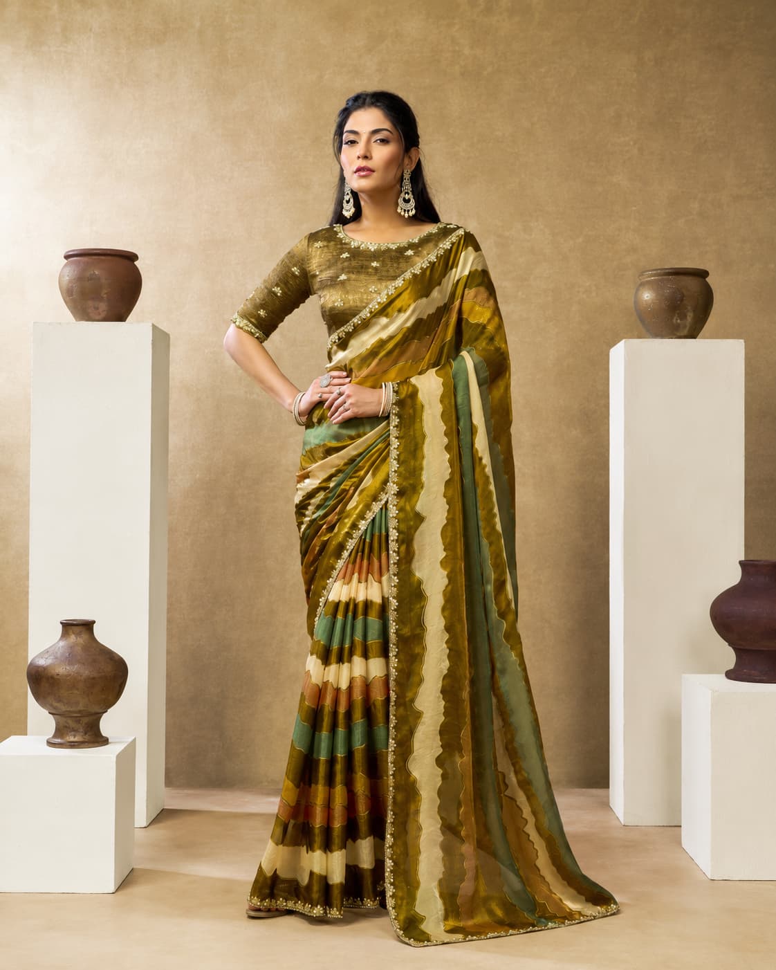 Mustard Yellow Two Tone Satin Silk Saree with Leheriya Digital Print & Sequins Embroidery | Premium Designer Saree | Naksh Creation