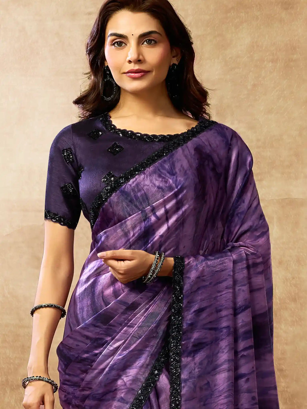 Violet Two Tone Satin Silk Sequin Embroidered Saree - View 3