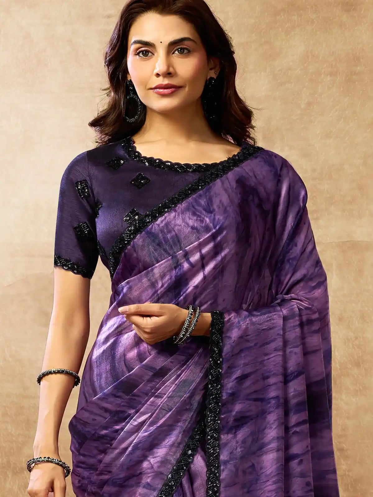 Violet Two Tone Satin Silk Sequin Embroidered Saree - View 3