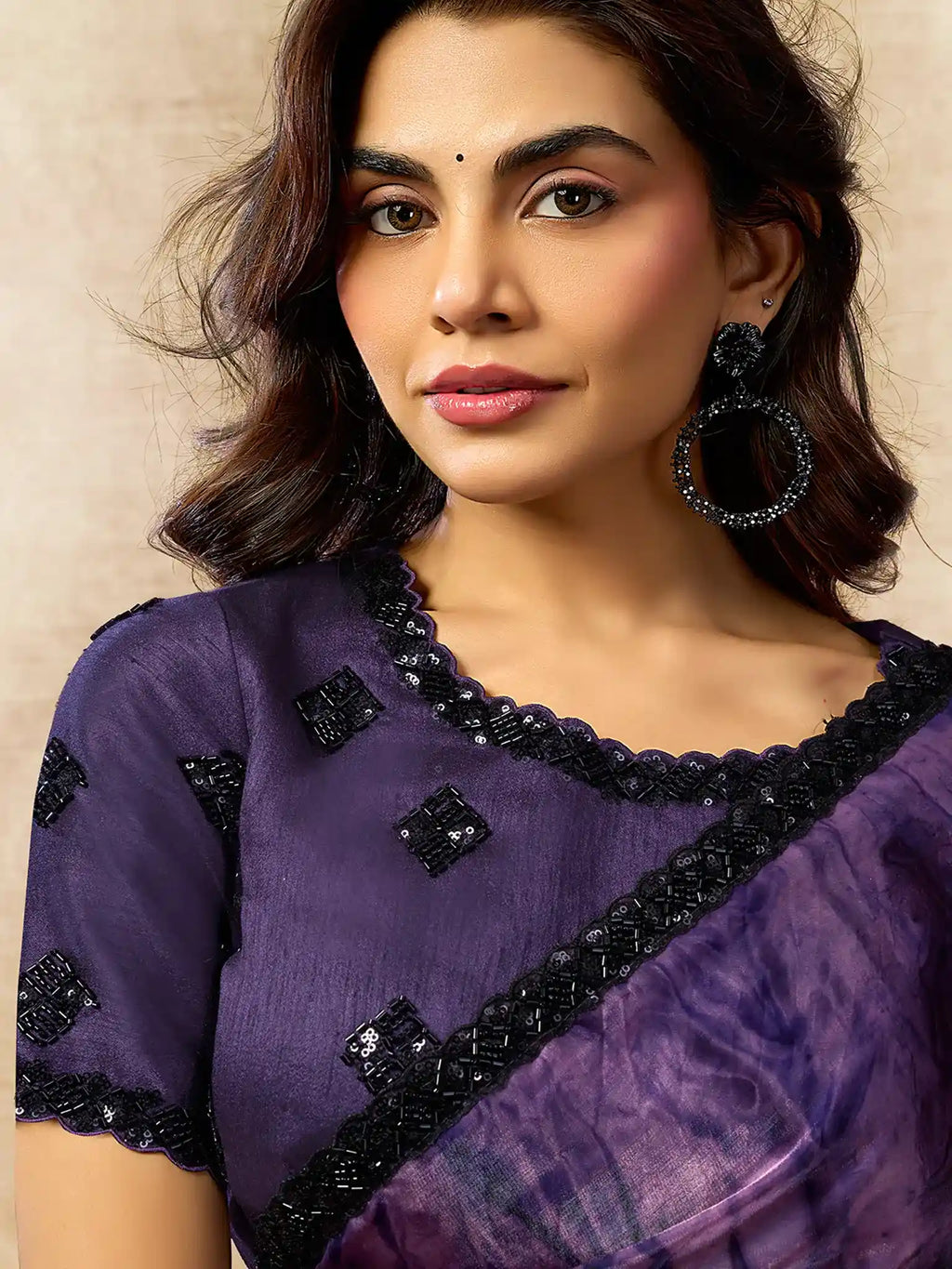 Violet Two Tone Satin Silk Sequin Embroidered Saree - View 4