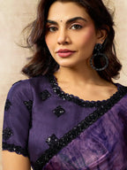 Violet Two Tone Satin Silk Sequin Embroidered Saree - View 4