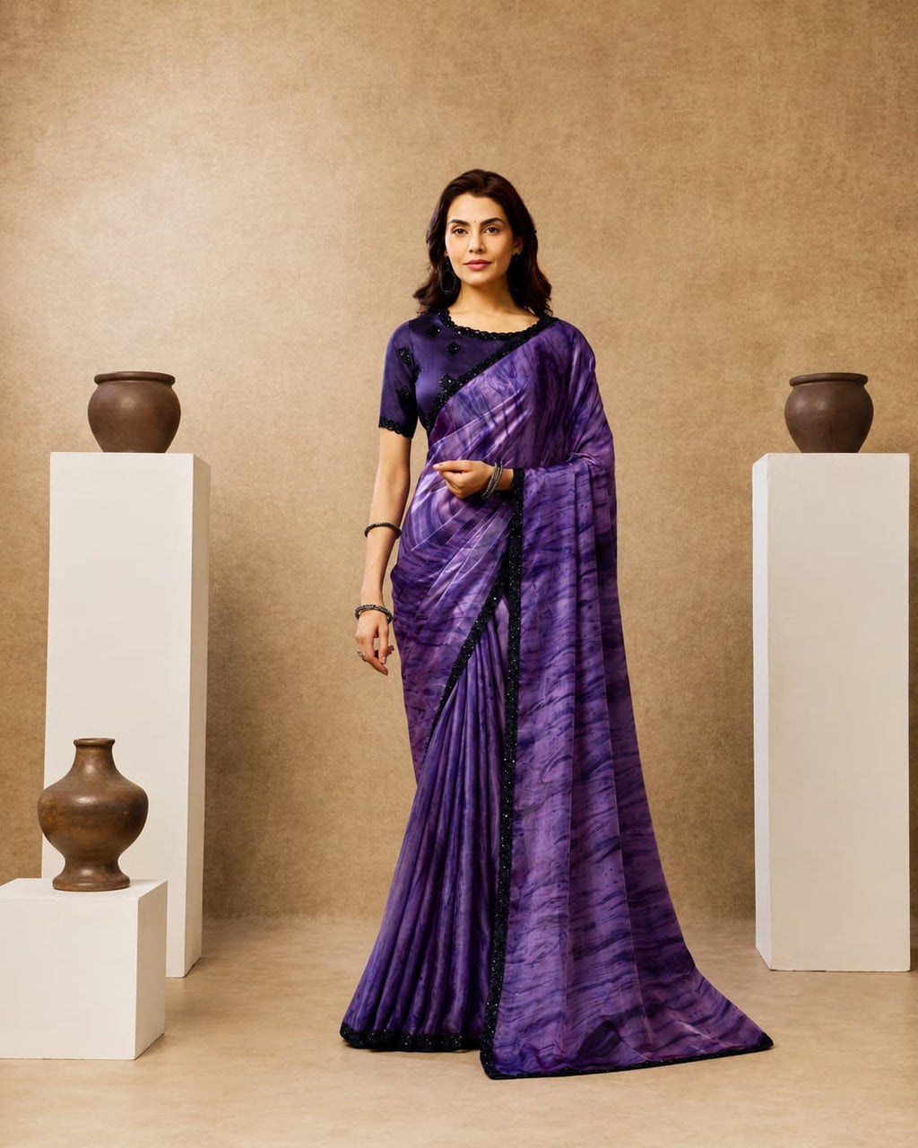 Deep Purple Two Tone Satin Silk Saree with Abstract Digital Print & Beads Embellishment | Premium Designer Saree | Naksh Creation