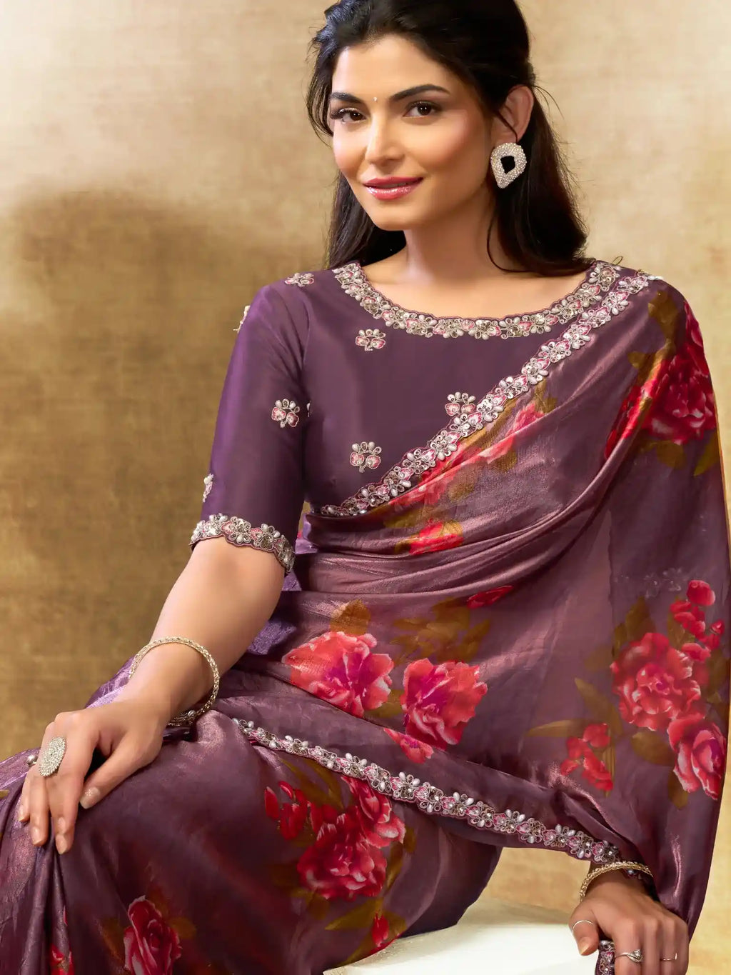 Mauve Pink Two Tone Satin Silk Sequin Embroidered Saree - View 1