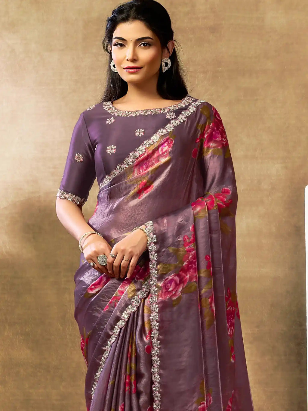 Mauve Pink Two Tone Satin Silk Sequin Embroidered Saree - View 3