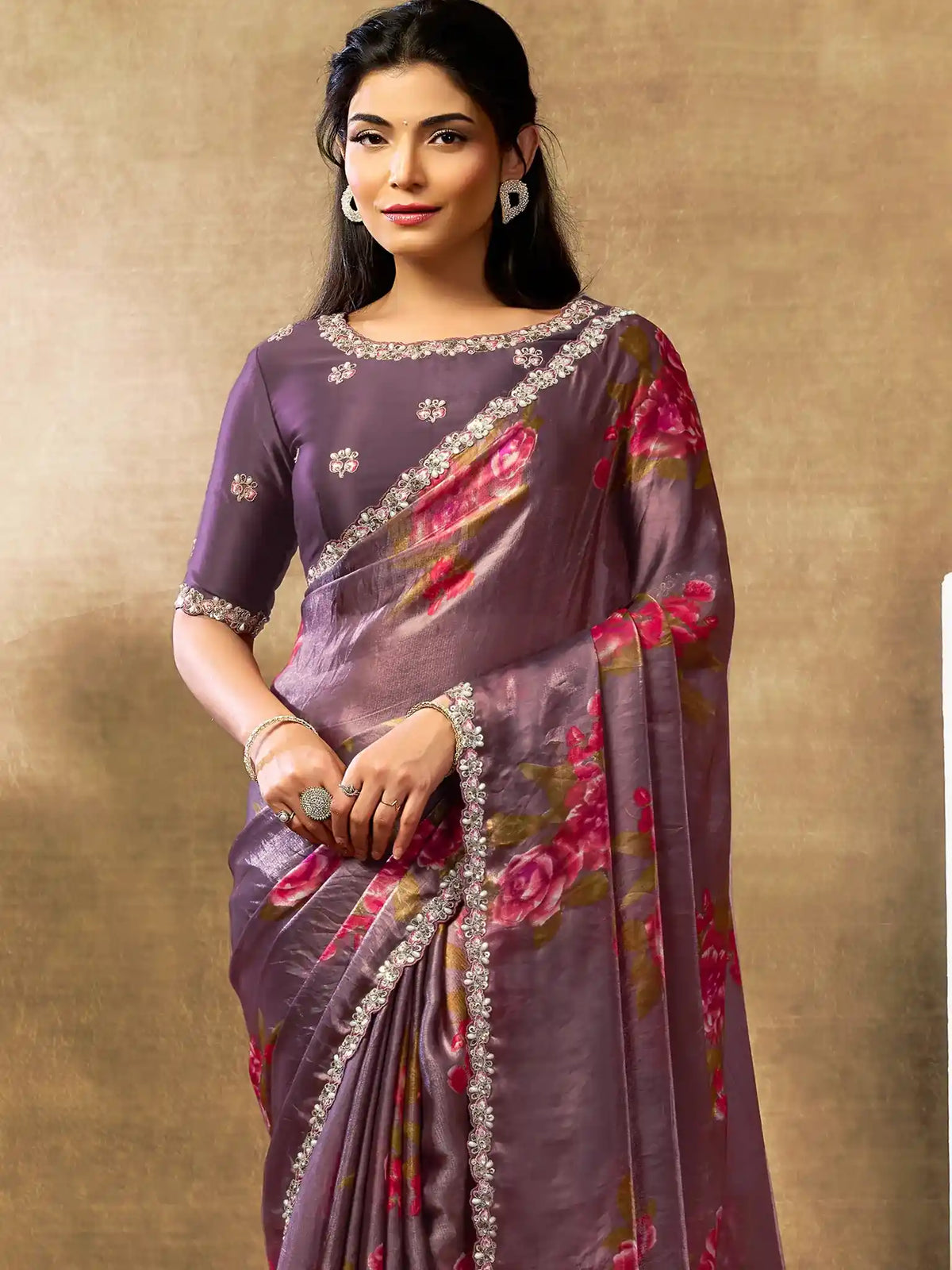 Mauve Pink Two Tone Satin Silk Sequin Embroidered Saree - View 3