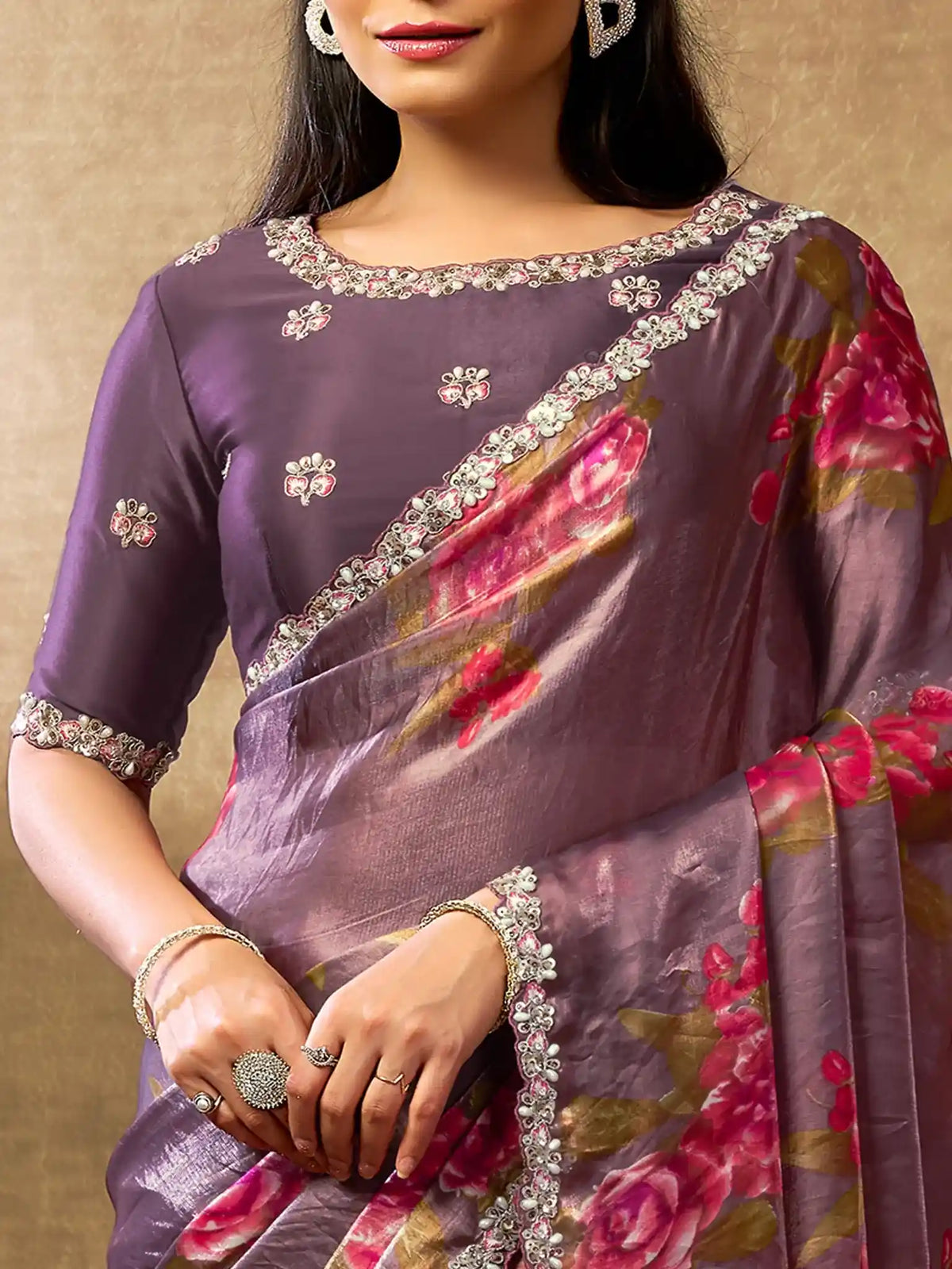Mauve Pink Two Tone Satin Silk Sequin Embroidered Saree - View 4