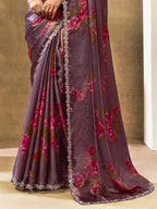 Mauve Pink Two Tone Satin Silk Sequin Embroidered Saree - View 5