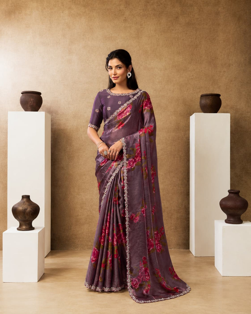 Coffee Two Tone Satin Silk Saree with Floral Digital Print & Pearl Embroidery Work | Premium Designer Saree | Naksh Creation