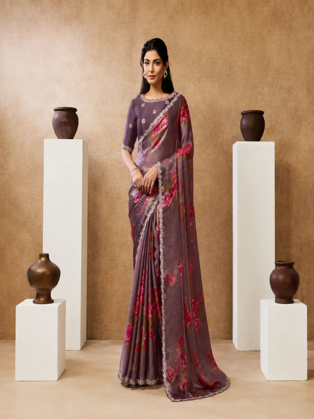 Mauve Pink Two Tone Satin Silk Sequin Embroidered Saree