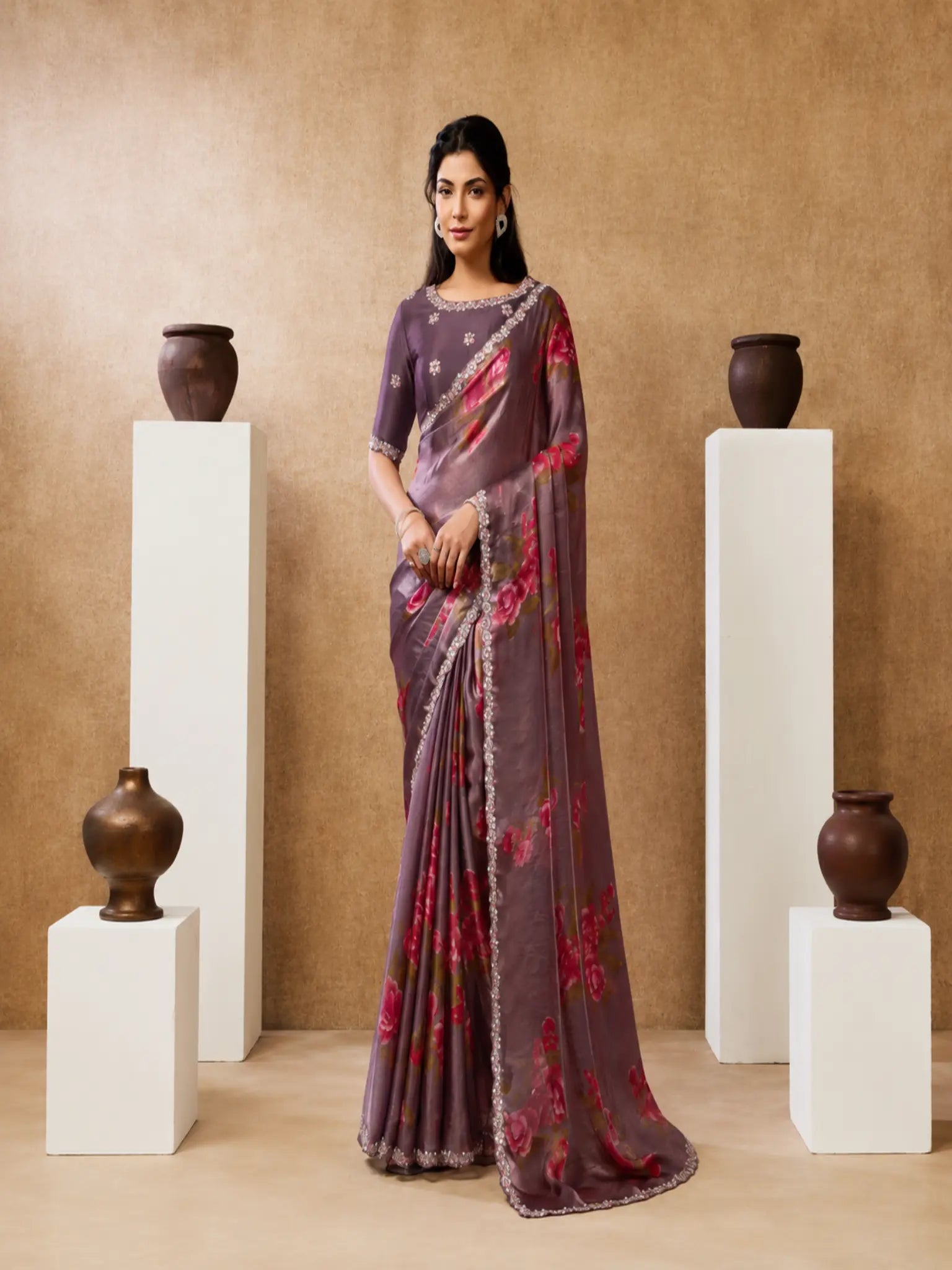 Mauve Pink Two Tone Satin Silk Sequin Embroidered Saree